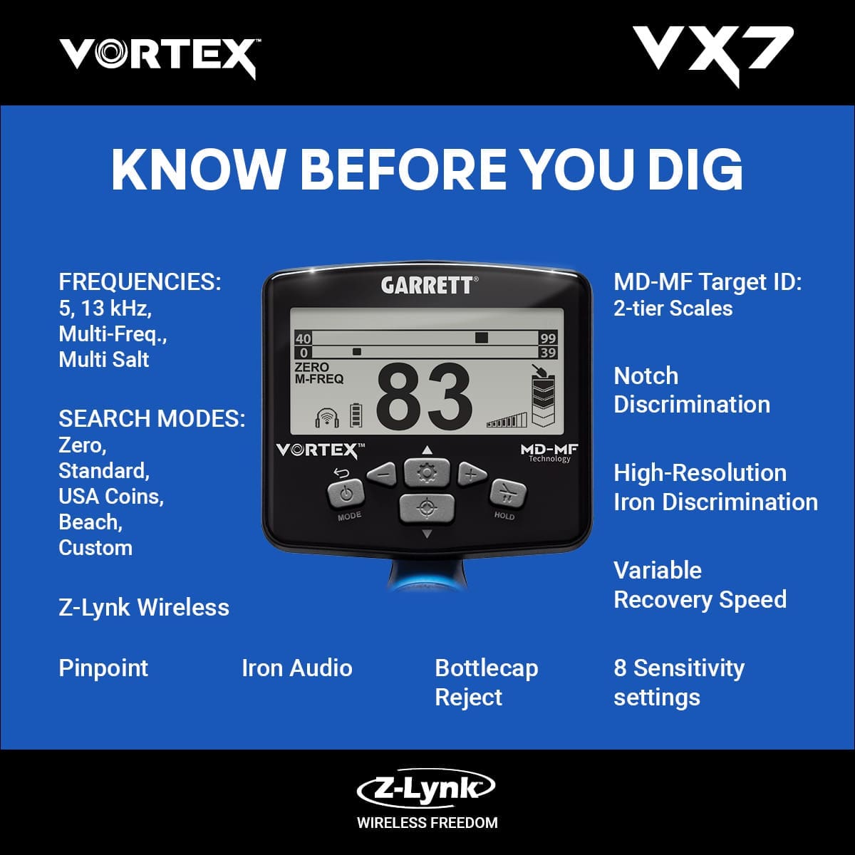 Mersin Garrett Vortex VX7 Dedektör - VX7 hedef ID ekranı, iki katmanlı MD-MF okuma ile demir ve iletken hedefleri ayırmaya yardım eder.